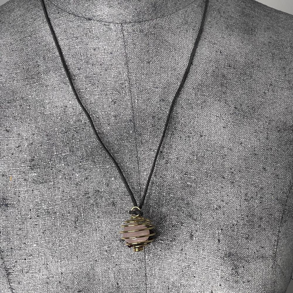 pendant necklace costume jewelry brown suede cord wire wrapped pink dark stones